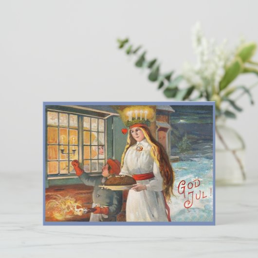 Sint-Lucia en kind die Saffronbrood bezorgen Bedankkaart (Staand voorkant)