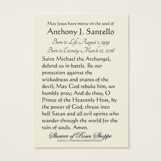 Sint-Michael-Katholieke begrafenis-herdenkingsheil Visitekaartje (Achterkant)