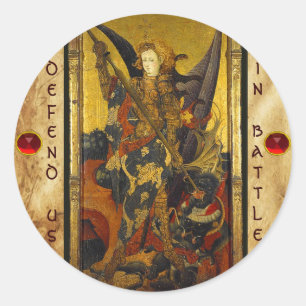 Sint Michael Vanquishing Devil als middeleeuwse Kn Ronde Sticker
