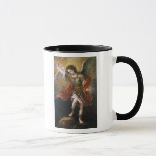 Sint Michael verbiedt de duivel naar de afgrond Mok (Rechts)