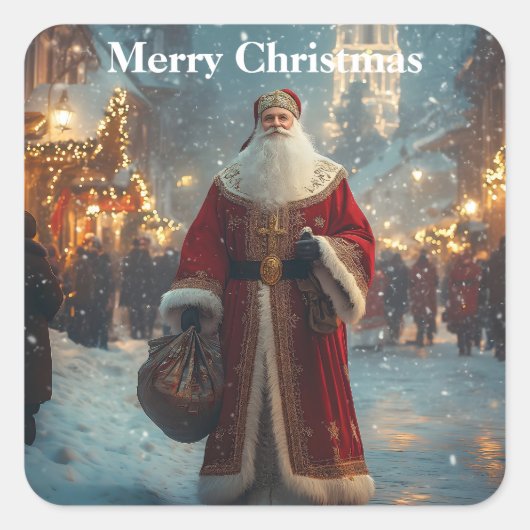 Sint-Nicolaas in een feestelijk besneeuwd dorp Vierkante Sticker (Voorkant)