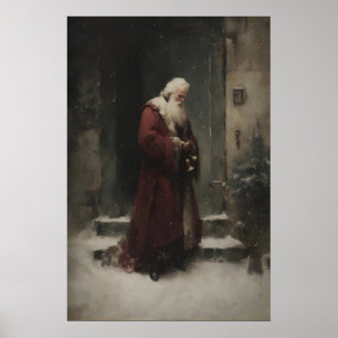 Sint Nicolaas Kerstman bij de deur in sneeuwval Poster