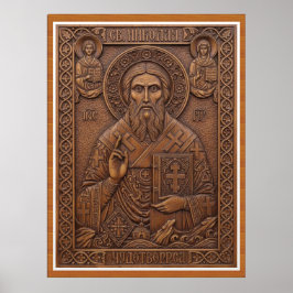 Sint Nicolaas,Maagdelijke nieuwe houten orthodoxe  Poster