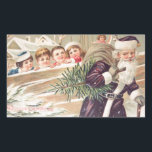 Sint-Nicolaas met bomen en kinderen  Rechthoekige Sticker<br><div class="desc">Sinterklaas met Boom en Kinderen Sticker - Als je van alles houdt en alles wat is, is dit iets voor jou! Reis terug naar gisteren en verdwaal in de prachtige kleur en detail van dit vintage beeld. Prachtig kunstwerk van dagen lang geleden. Geniet ervan! Het afbeelding leest "A Joyous Christmas"....</div>