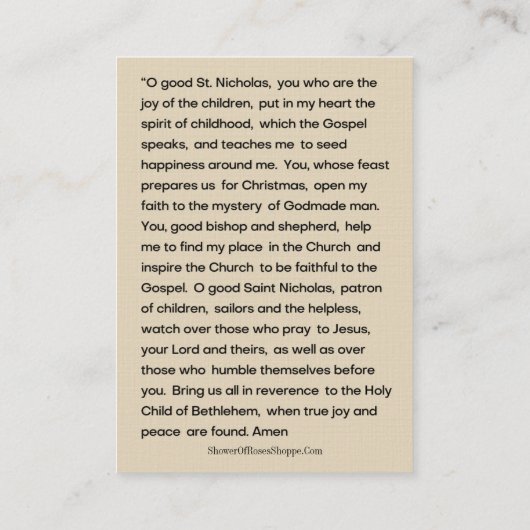 Sint-Nicolaas van Myra Prayer Kerstmis Visitekaartje (Achterkant)