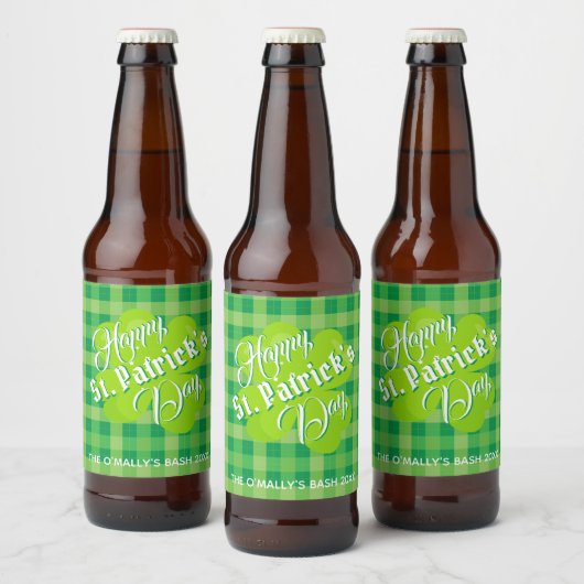 Sint Patrck's Day Lucky Clover Green Tartan Custom Bier Etiket (Flessen)