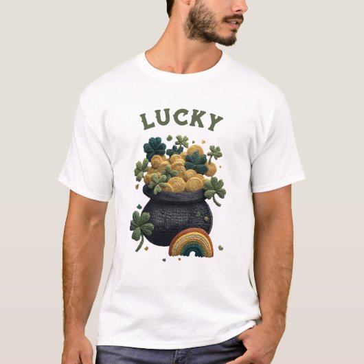 Sint-Patrick-dag Pot met Goud Shamrock Regenboog T-shirt (Voorkant)