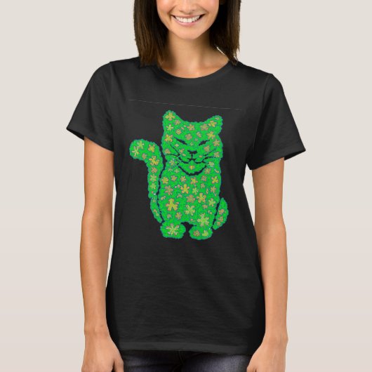 Sint Patrick's dag Cat Silhouette Green Shamrock T-shirt (Voorkant)