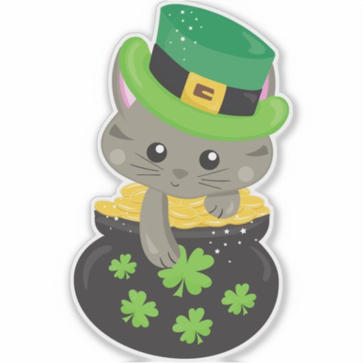 Sint Patrick's Day Cat, Clovers, Pot of Gold Sticker (Voorkant)