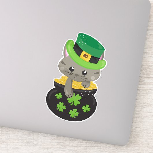 Sint Patrick's Day Cat, Clovers, Pot of Gold Sticker (Detail)