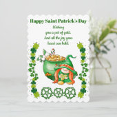 Sint Patricks Day Clover Gnome Pot Gold Feestdagenkaart (Staand voorkant)