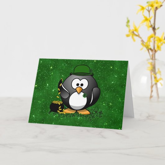 Sint-Patrick's Day Lucky Penguin met goudpot Kaart (Gele Bloem)