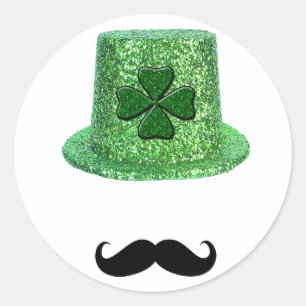 Sint Patrick's Day Shamrock Sparkle Pet & Mustache Ronde Sticker