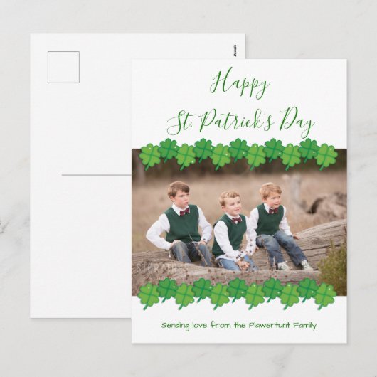 Sint Patrick's Day Shamrock White Green Foto Feestdagenkaart (Voorkant / Achterkant)