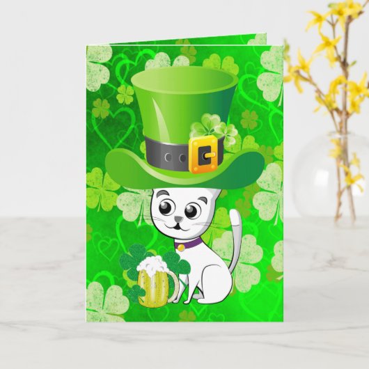 Sint Patrick's Day Wenskaart ShamrockCat Beer Kaart (Gele Bloem)