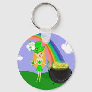 Sint Pat's Day Blonde Girl Leprechaun met regenboo Sleutelhanger