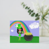 Sint Pat's Day Brunette Girl Leprechaun met Regenb Briefkaart (Staand voorkant)