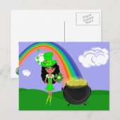 Sint Pat's Day Brunette Girl Leprechaun met Regenb Briefkaart (Voorkant / Achterkant)