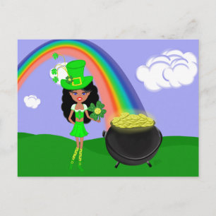 Sint Pat's Day Brunette Girl Leprechaun met Regenb Briefkaart