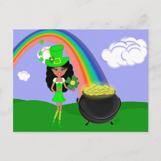 Sint Pat's Day Brunette Girl Leprechaun met Regenb Briefkaart (Voorkant)