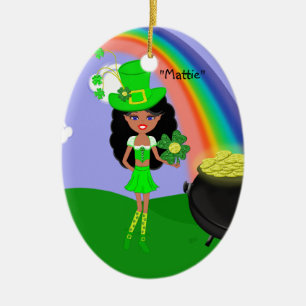 Sint Pat's Day Brunette Girl Leprechaun met Regenb Keramisch Ornament