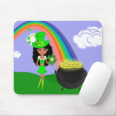 Sint Pat's Day Brunette Girl Leprechaun met Regenb Muismat (Met muis)