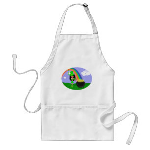 Sint Pat's Day Brunette Girl Leprechaun met Regenb Standaard Schort