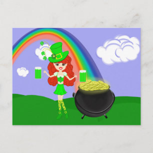 Sint Pat's Day Redhead Girl Leprechaun met Regenbo Briefkaart