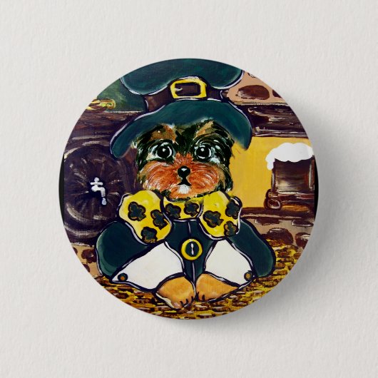 Sint Patty Yorkie Poo Ronde Button 5,7 Cm (Voorkant)