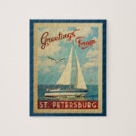 Sint-Petersburg Sailboot Vintage Travel Florida Legpuzzel<br><div class="desc">Deze groeten uit Sint-Petersburg uit het wijnoogstjaar in Florida zijn uitgerust met een boot die op het water zeilt met zeemijlen en een blauwe hemel gevuld met prachtige witte wolken.</div>