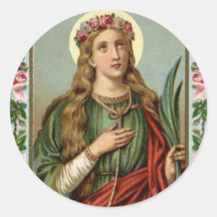 Sint Philomena Pink Roses Palm Cord Ronde Sticker
