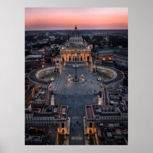 Sint-Pietersbasiliek en -plein bij zonsondergang Poster