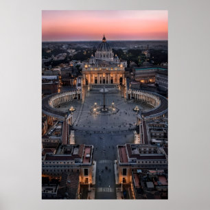 Sint-Pietersbasiliek en -plein bij zonsondergang Poster