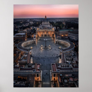 Sint-Pietersbasiliek en -plein bij zonsondergang Poster