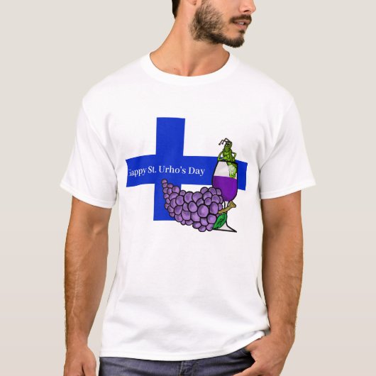 Sint Urho's Day T-Shirt met sprinkhaan en druiven (Voorkant)