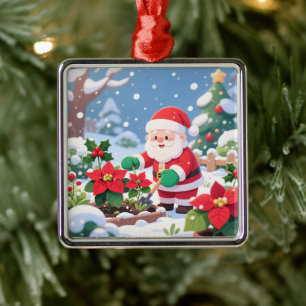 Sinterklaas' Besneeuwde Poinsettia Kas Tuin Metalen Ornament