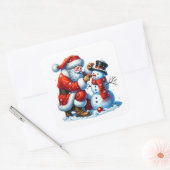 Sinterklaas bouwt sneeuwpop in Winter Wonderland Vierkante Sticker (Envelop)