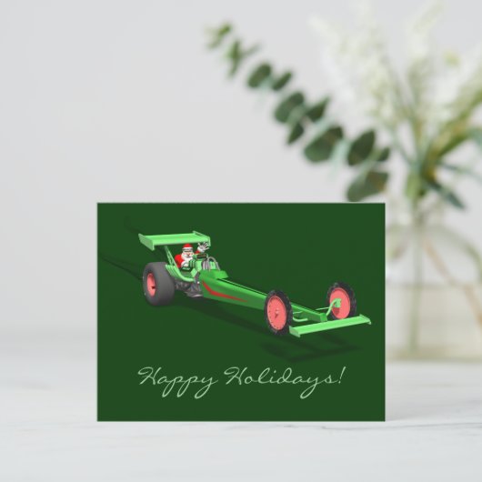 Sinterklaas die een dragster bestuurt feestdagenkaart (Staand voorkant)