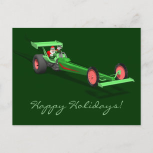 Sinterklaas die een dragster bestuurt feestdagenkaart
