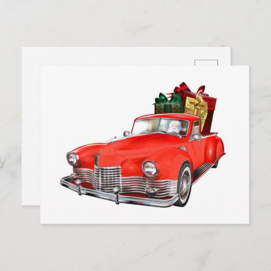 Sinterklaas die een retro auto bestuurt met cadeau briefkaart (Voorkant / Achterkant)