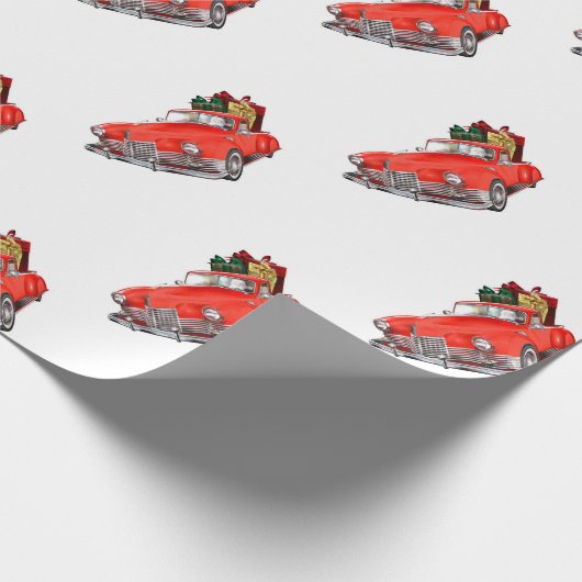 Sinterklaas die een retro auto bestuurt met cadeau cadeaupapier (Hoek)