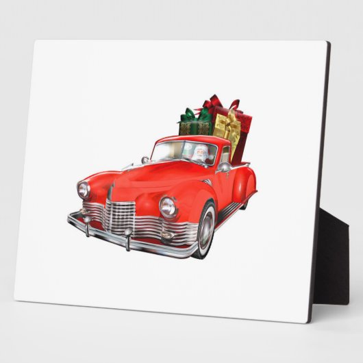 Sinterklaas die een retro auto bestuurt met cadeau fotoplaat (Zijkant)