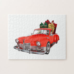 Sinterklaas die een retro auto bestuurt met cadeau legpuzzel