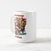 Sinterklaas die geschenken levert op een besneeuwd koffiemok (Voorkant links)