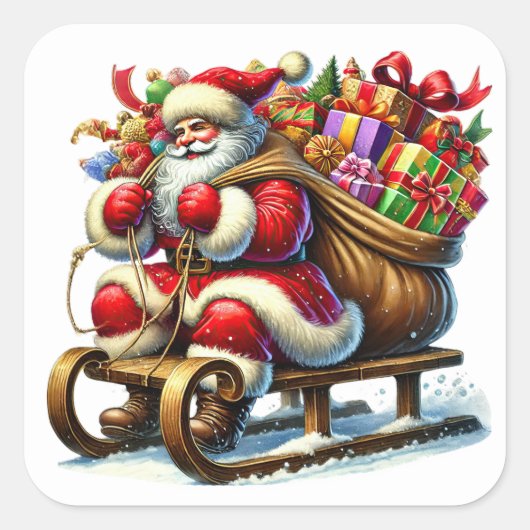 Sinterklaas die geschenken levert op een besneeuwd vierkante sticker (Voorkant)