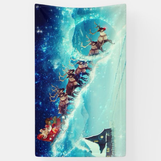 Sinterklaas die met rendiervis vliegt spandoek (Verticaal)