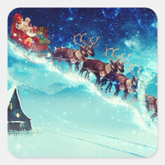 Sinterklaas die met rendiervis vliegt vierkante sticker (Voorkant)