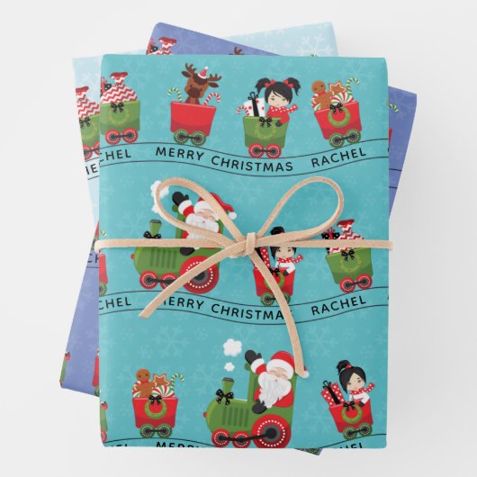 Sinterklaas en Aziatisch meisje op trein Inpakpapier Vel (In situ)