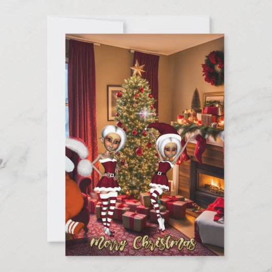 Sinterklaas en elfen na het werk. kaart (Achterkant)