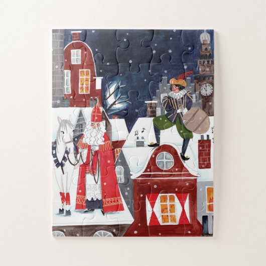Sinterklaas en Piet op de daken van Amsterdam Legpuzzel (Verticaal)